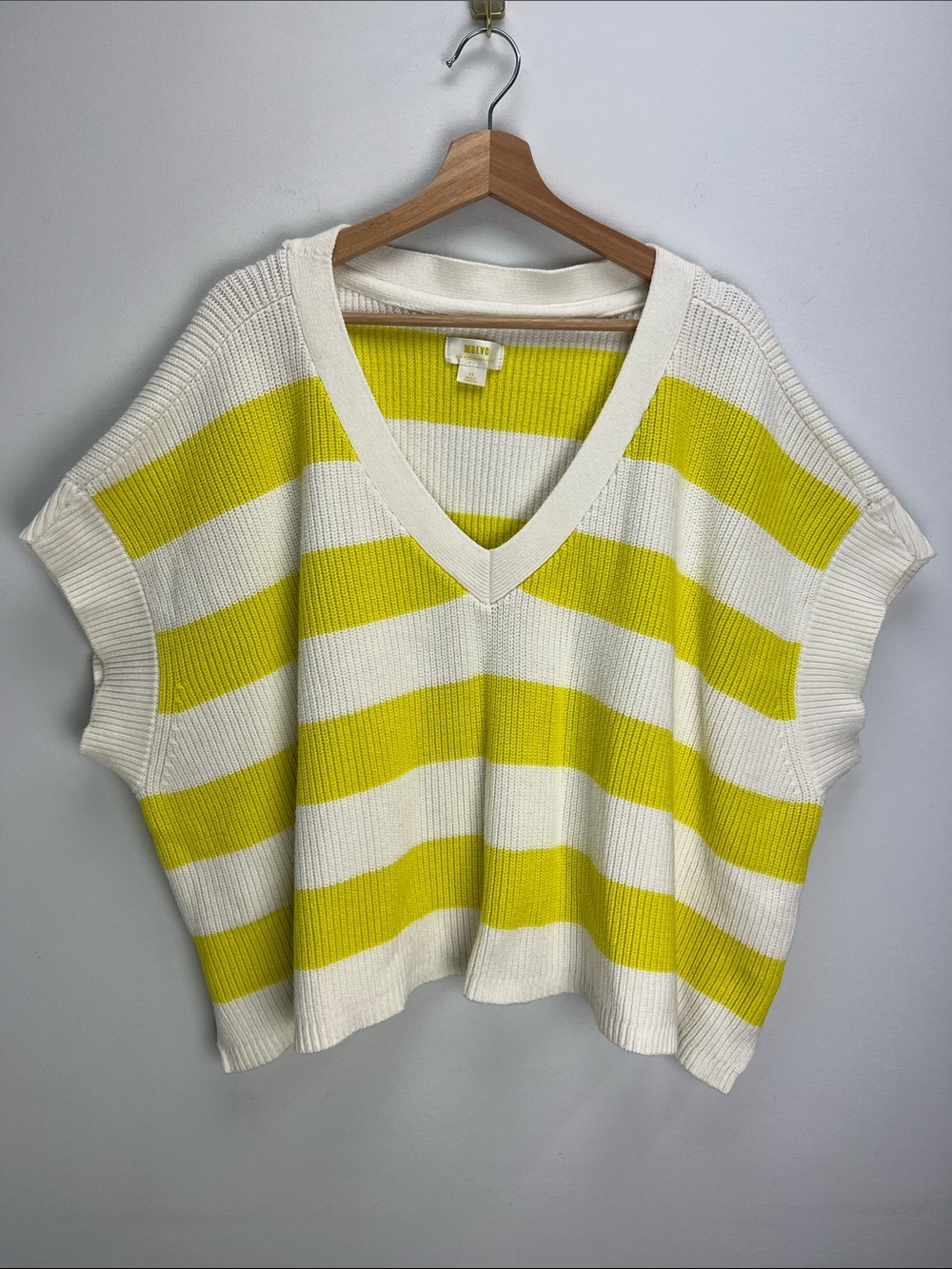 Anthropologie Maeve Short Sleeve Sweater Yellow White Striped V Neck Relaxed 2X
